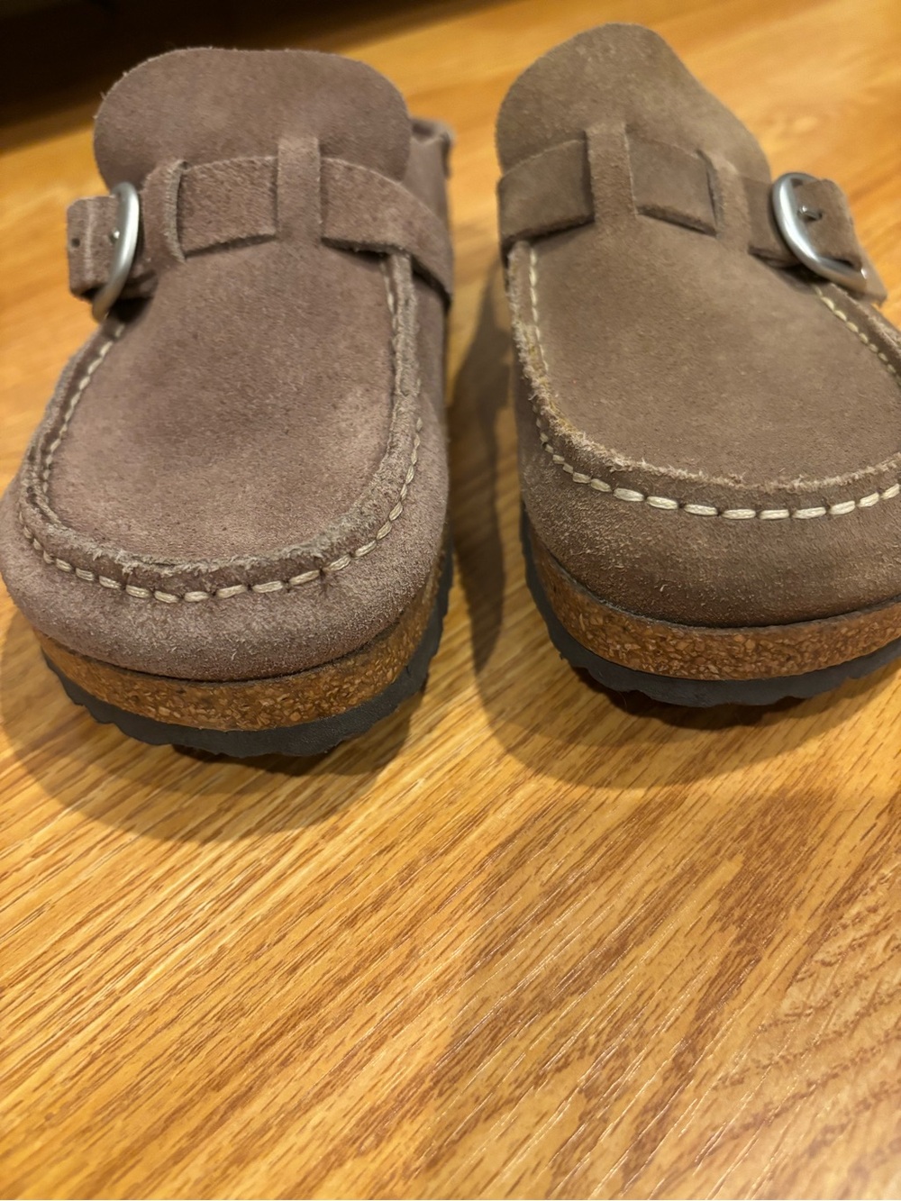 Birkenstock Suede Buckle Slip-On Clog in Taupe Brown - Picture 2 of 6